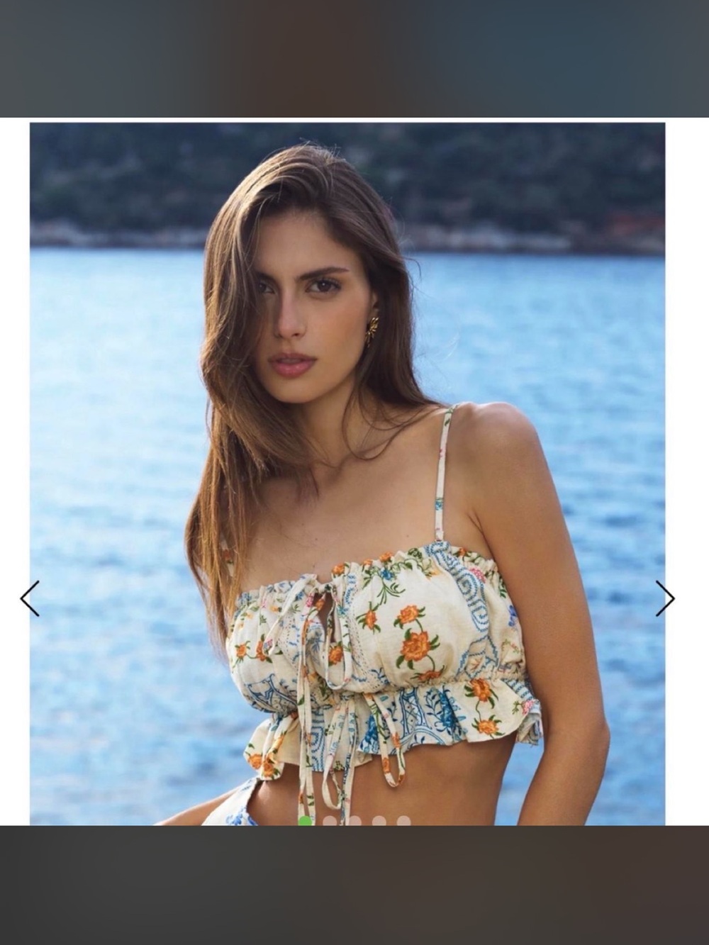 Agua Bendita Cream Floral Smocked Tie-Front Crop Top with Blue Trim